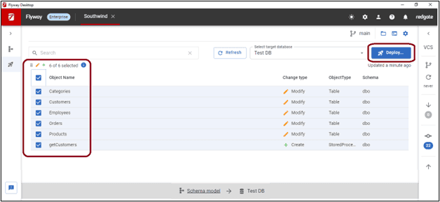 A screenshot showing deploy from Schema Model functionality in Flyway Enterprise desktop