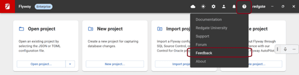 An image showing the location of the 'Feedback' option in Flyway Desktop.