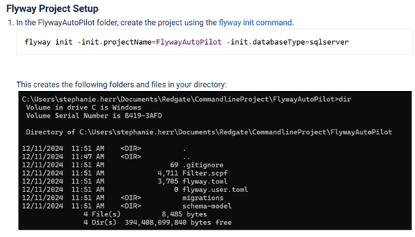 This image shows how to create the project in the FlywayAutoPilot folder, using the flyway init command. It shows an example of what the folders and files will look like in your directory.