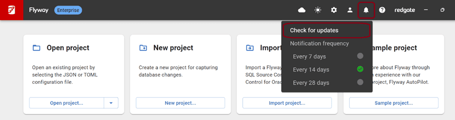 An image highlighting where to find 'check for updates' in Flyway Desktop.