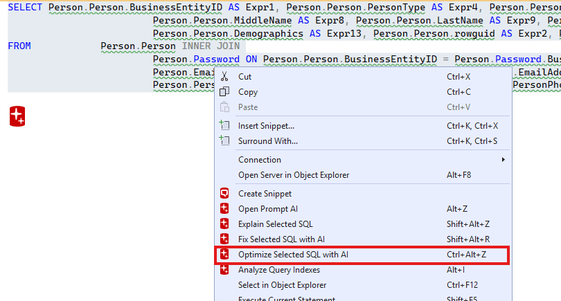 Optimize SQL feature in SQL Prompt AI