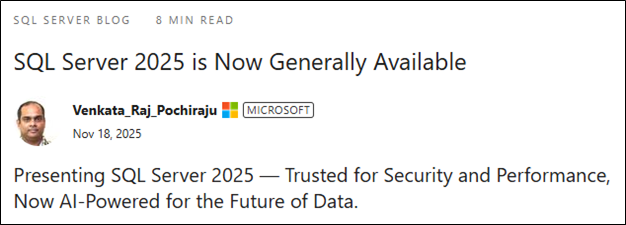 Screenshot of SQL Server blog announcing SQL Server 2025