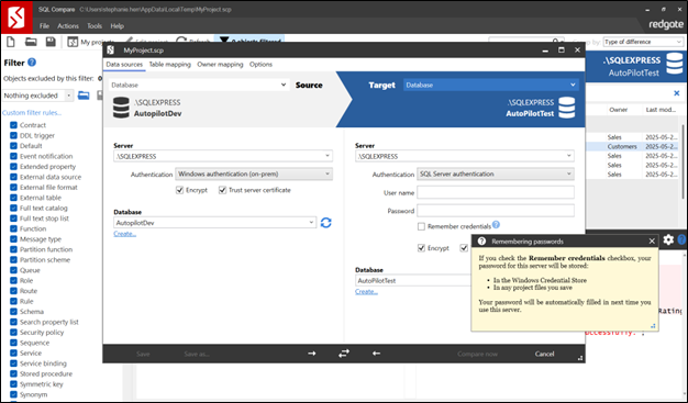 Screenshot of SQL Compare remember passwords feature