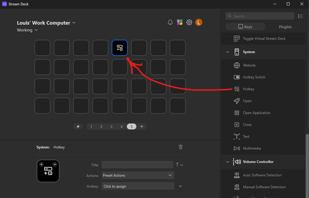 Adding a Hotkey action in stream deck
